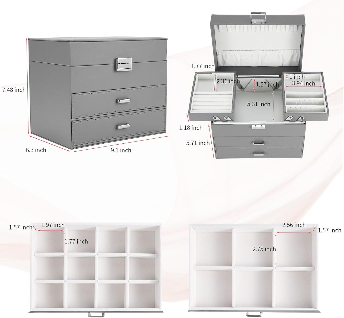 Caja organizadora joyas 4 capas para mujeres y niñas gris