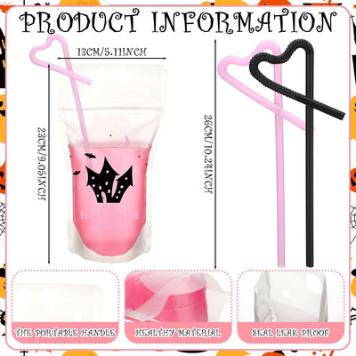 Set 24 bolsas bebida Halloween con pajita rosa y negro para adultos