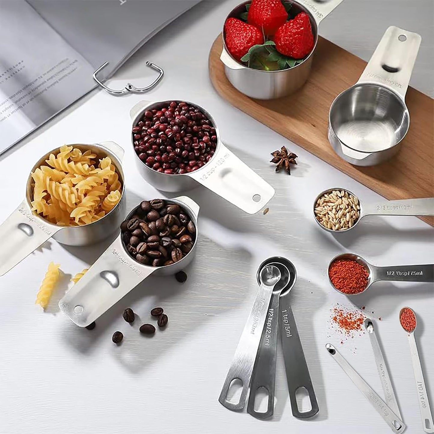 Set 18 Tazas y Cucharas Medidoras Acero Inox