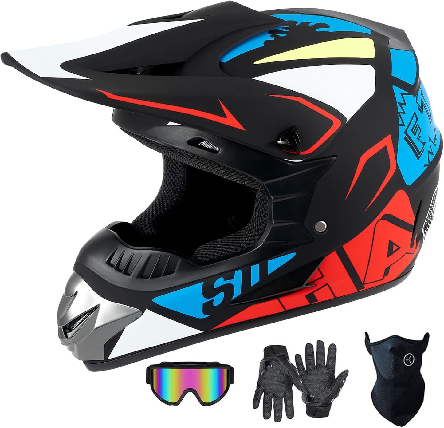 Casco motocross niños con guantes gafas y protector