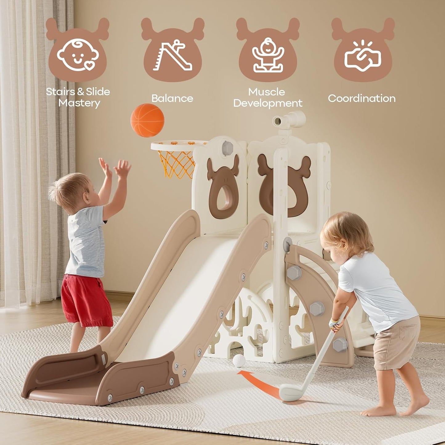 Tobogán 7en1 para Niños 1-3 Años con Aro Baloncesto Golf