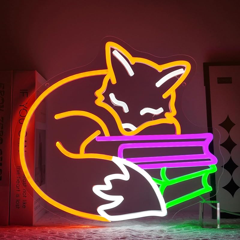 Señal neón LED zorro durmiendo libro lectura regulable