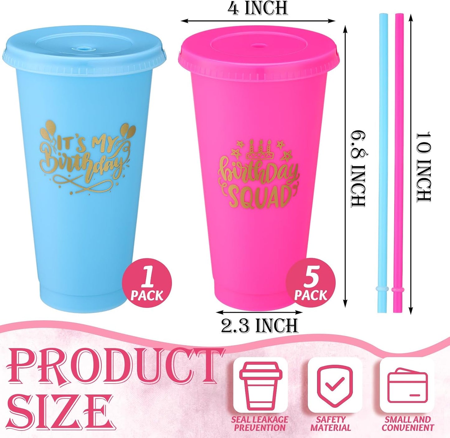 Vasos plástico 24oz con tapa pajita para cumpleaños 6 pzas