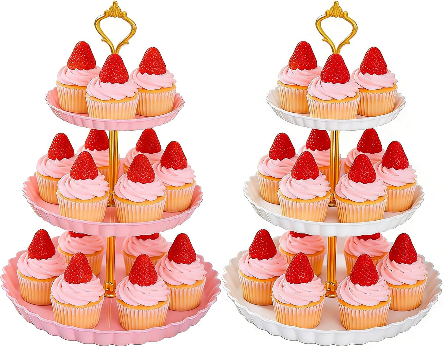 2 Soportes Plástico Cupcakes 3 Niveles Torre Postres Rosa Blanco