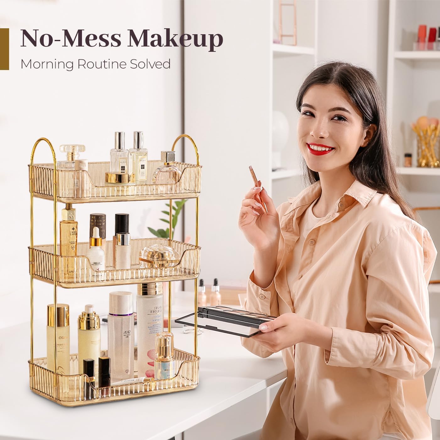 Organiz. baño 3 niveles para maquillaje y perfume dorado