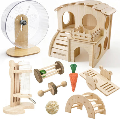 Juego accesorios hámster rueda silenciosa madera botella