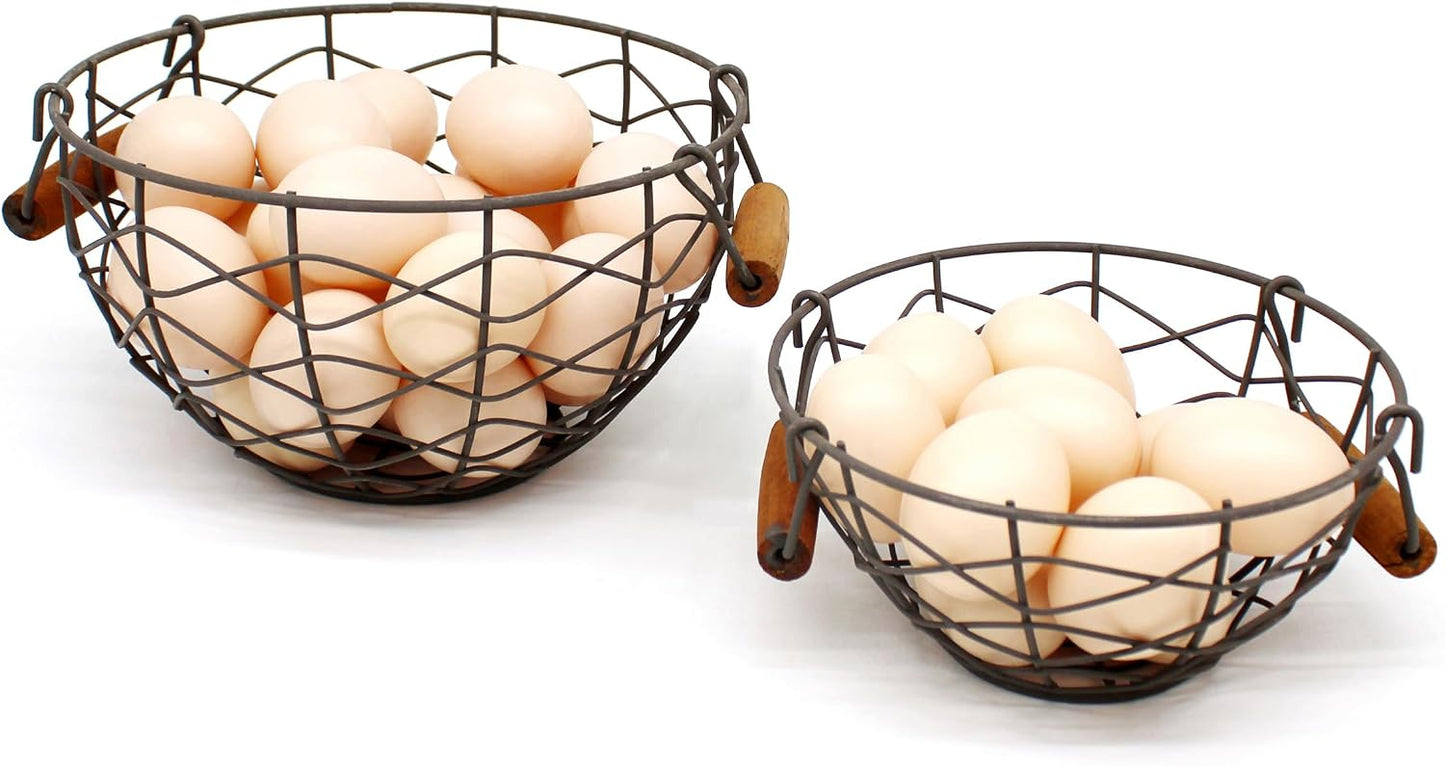 Cestas huevos alambre asas madera vintage set 2