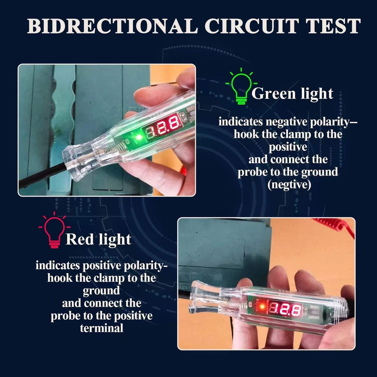Probador circuito LED automotriz con voltímetro y sonda