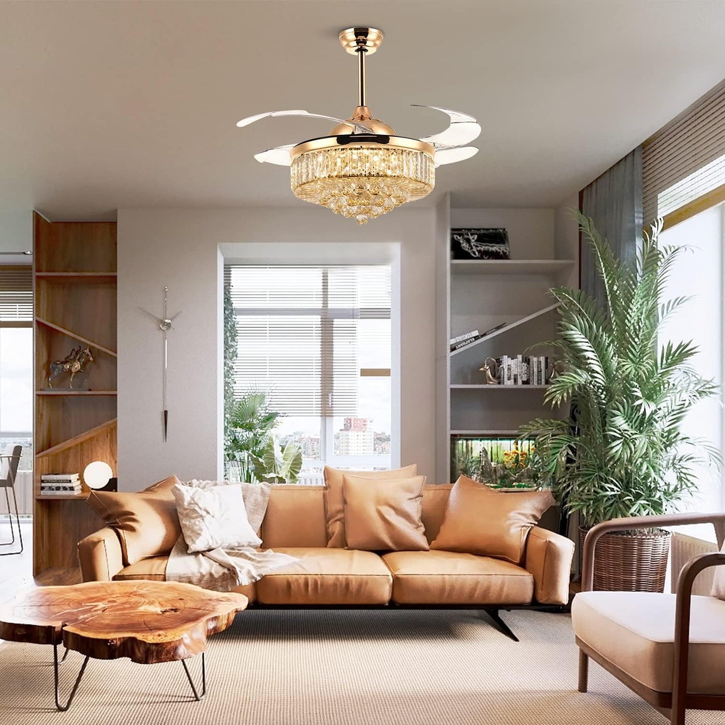 Ventilador techo cristal LED regulable control remoto dorado