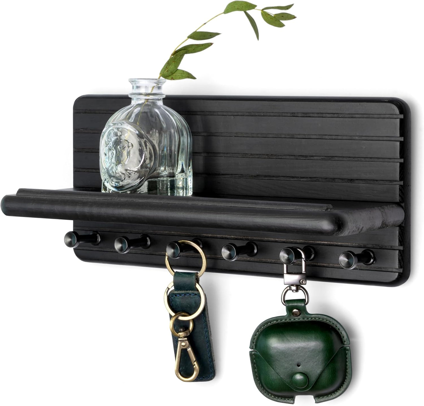 Soporte llaves pared madera 11pulg 6 ganchos estante flotante negro
