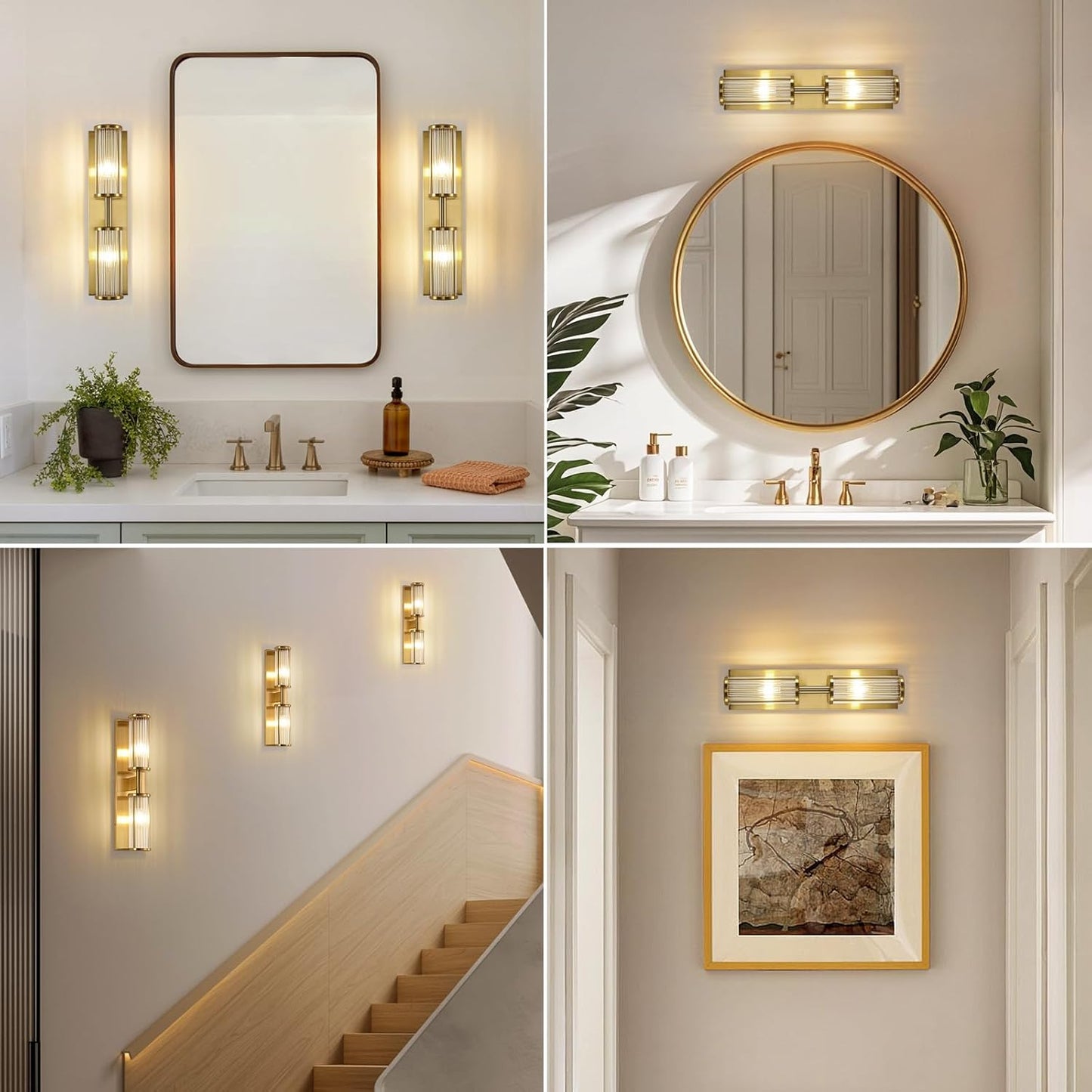 Lámpara pared 2 luces latón cepillado vidrio ajustable baño