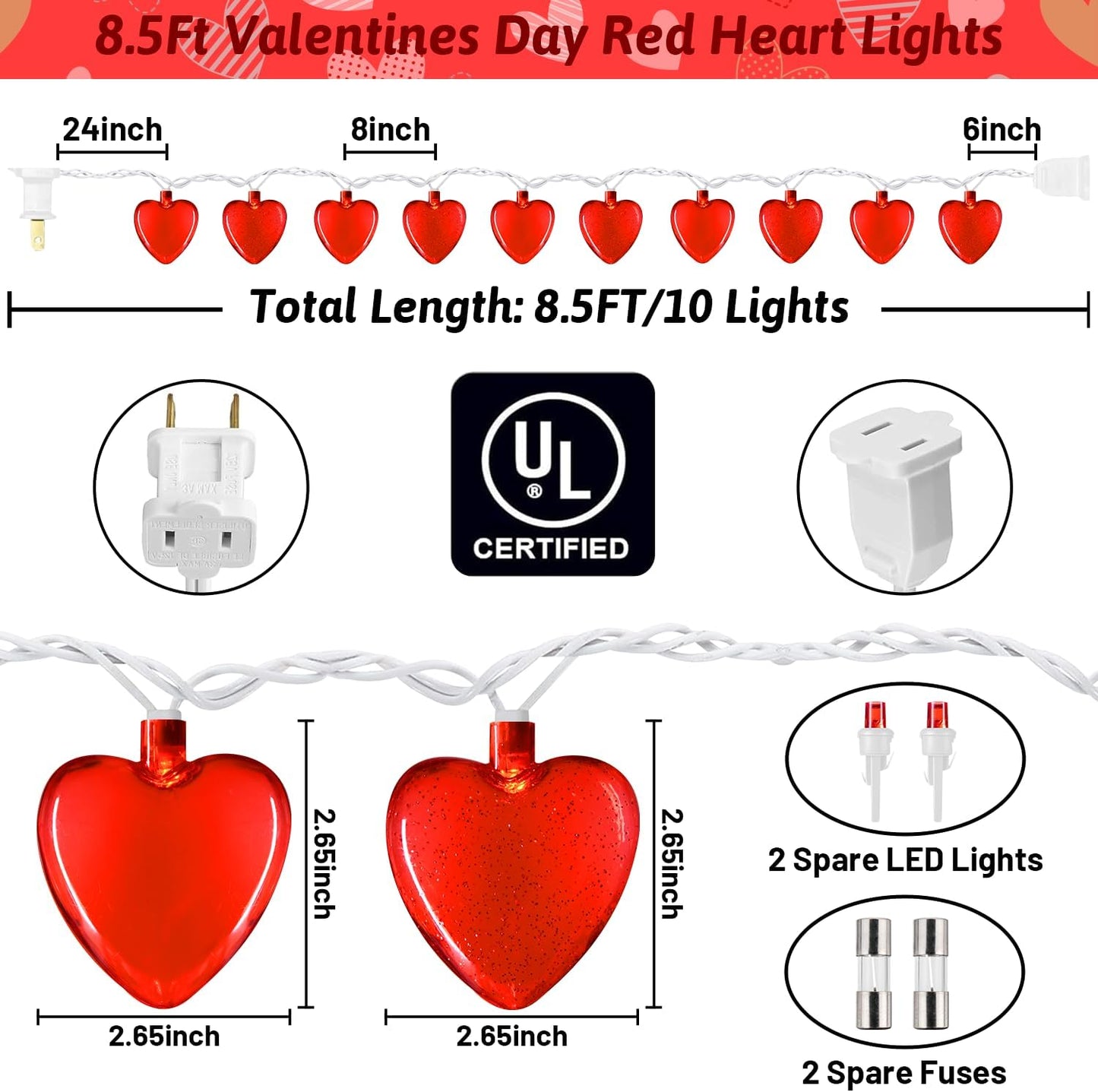 Guirnalda luces corazón rojo 8.5ft 10 LED boda fiestas