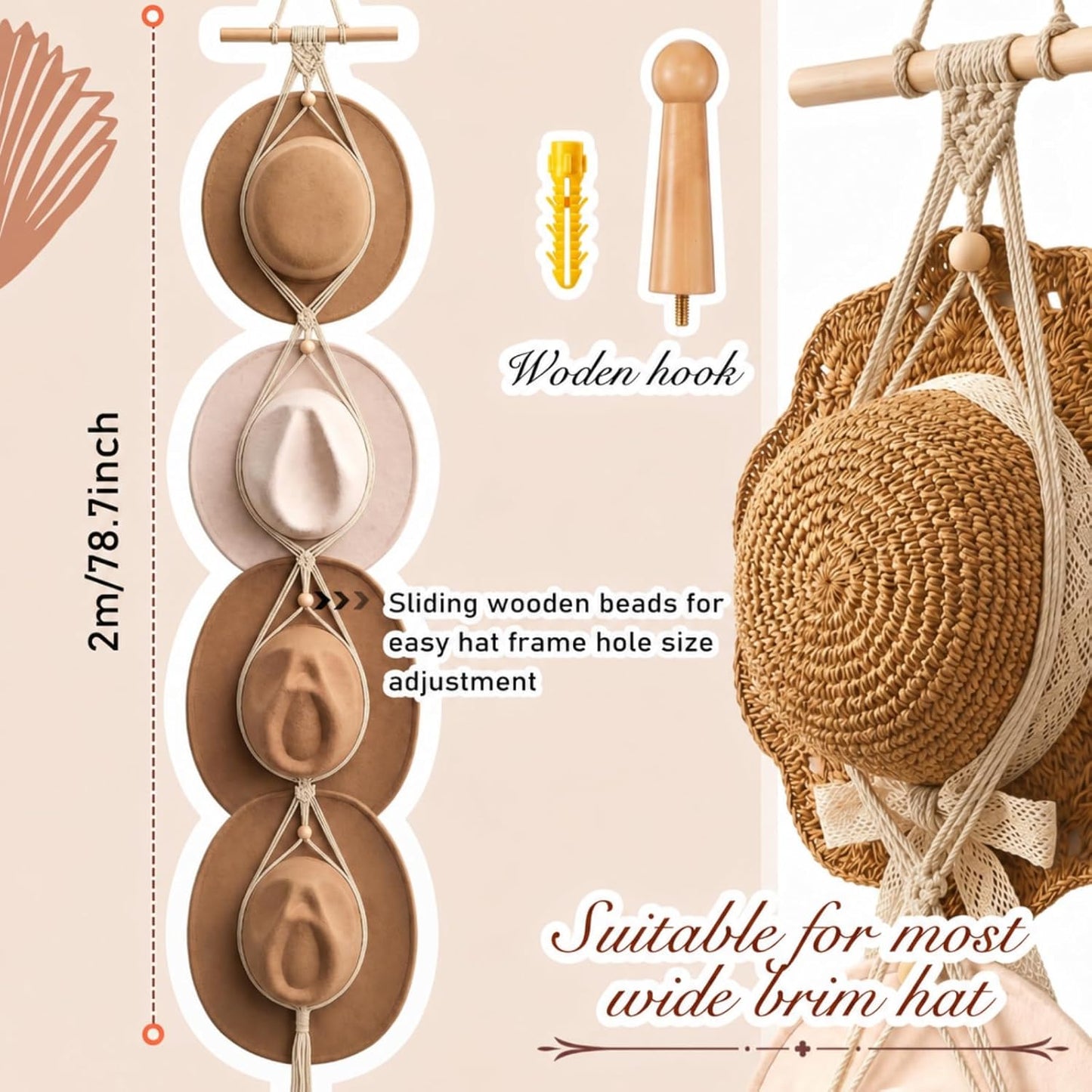 Colgador sombreros macramé boho para puerta trasera beige