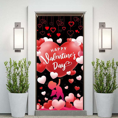Cartel puerta San Valentín corazón rosa y rojo fondo negro