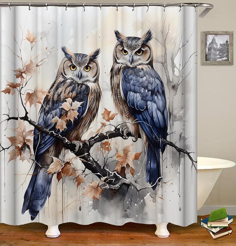 Juego cortinas ducha búhos azules estilo acuarela 70x70pulg