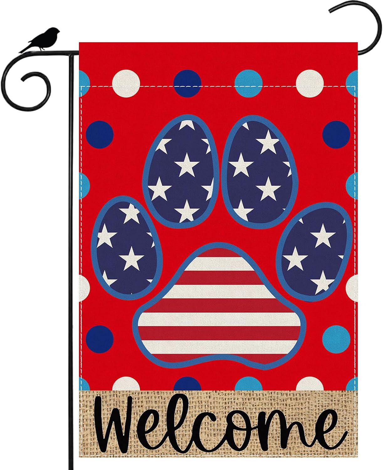 Bandera bienvenida perro rayas estrellas 12x18pulg