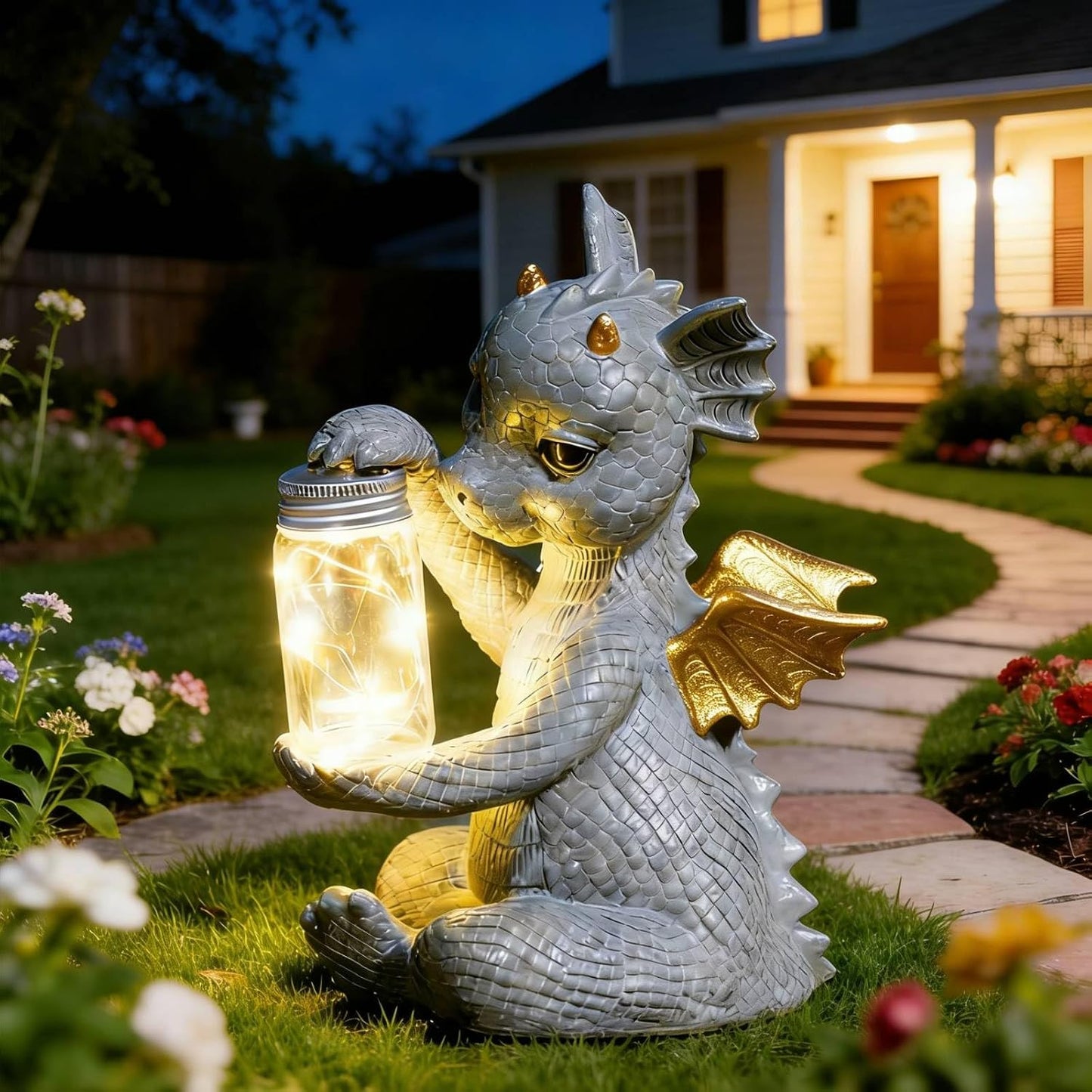 Estatua dragón bebé solar para jardín y hogar