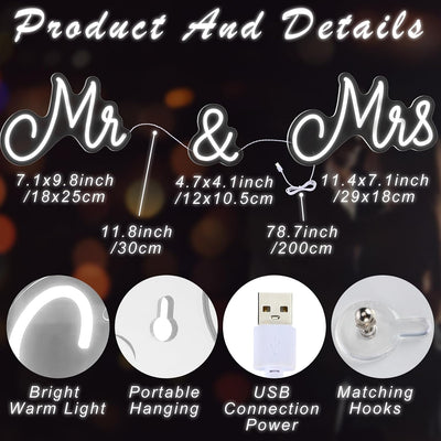 Letrero neón Mr and Mrs 25x7pulg LED decoración pared boda