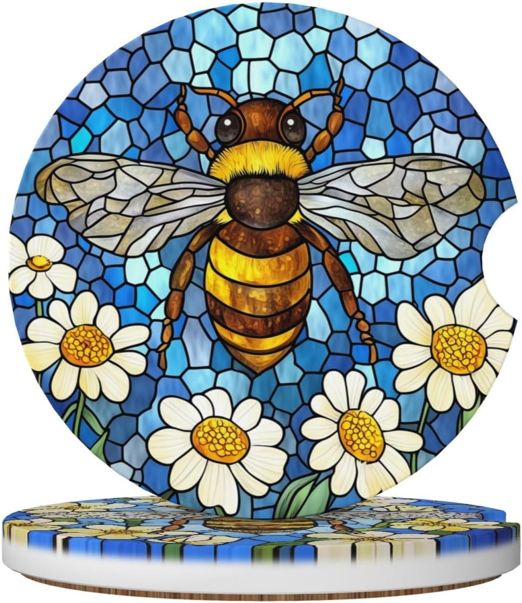 Posavasos cerámica 2.56pulg diseño abeja antideslizante 2uds