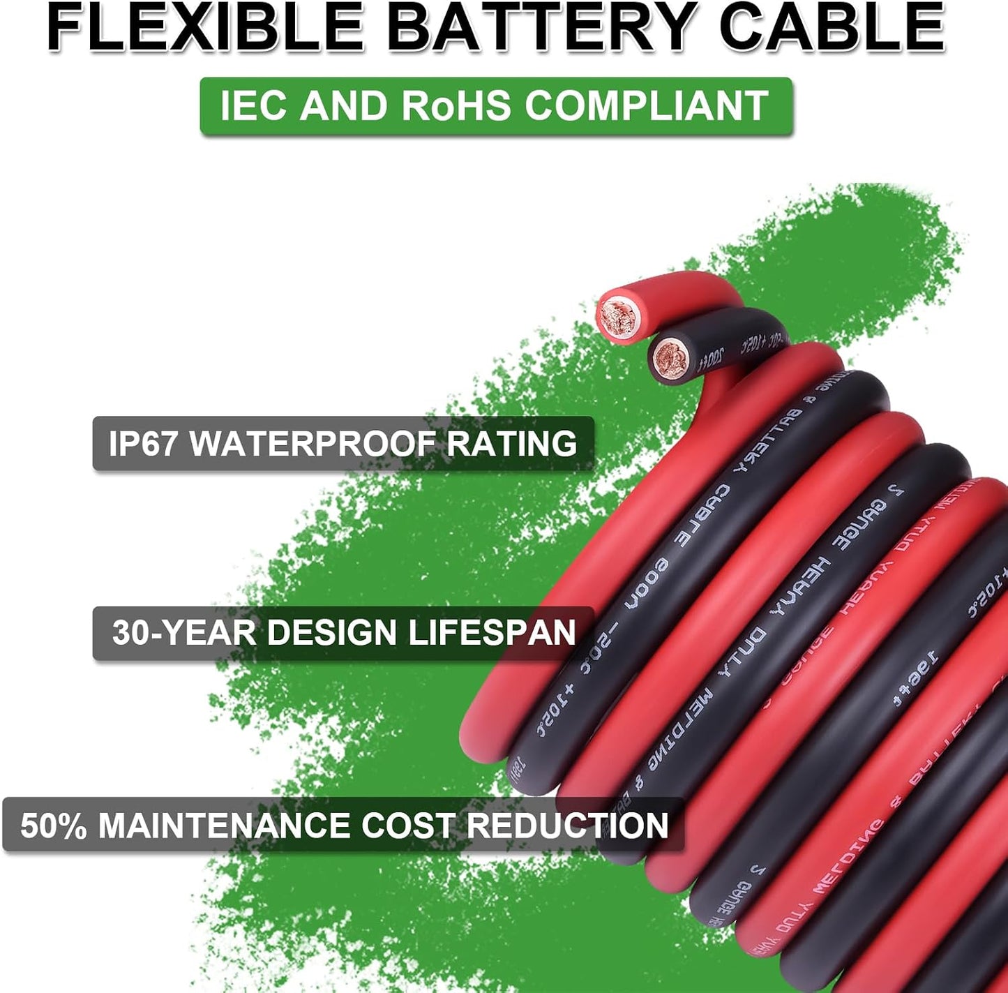 Cable batería 2 AWG 10ft rojo y negro OFC cobre puro