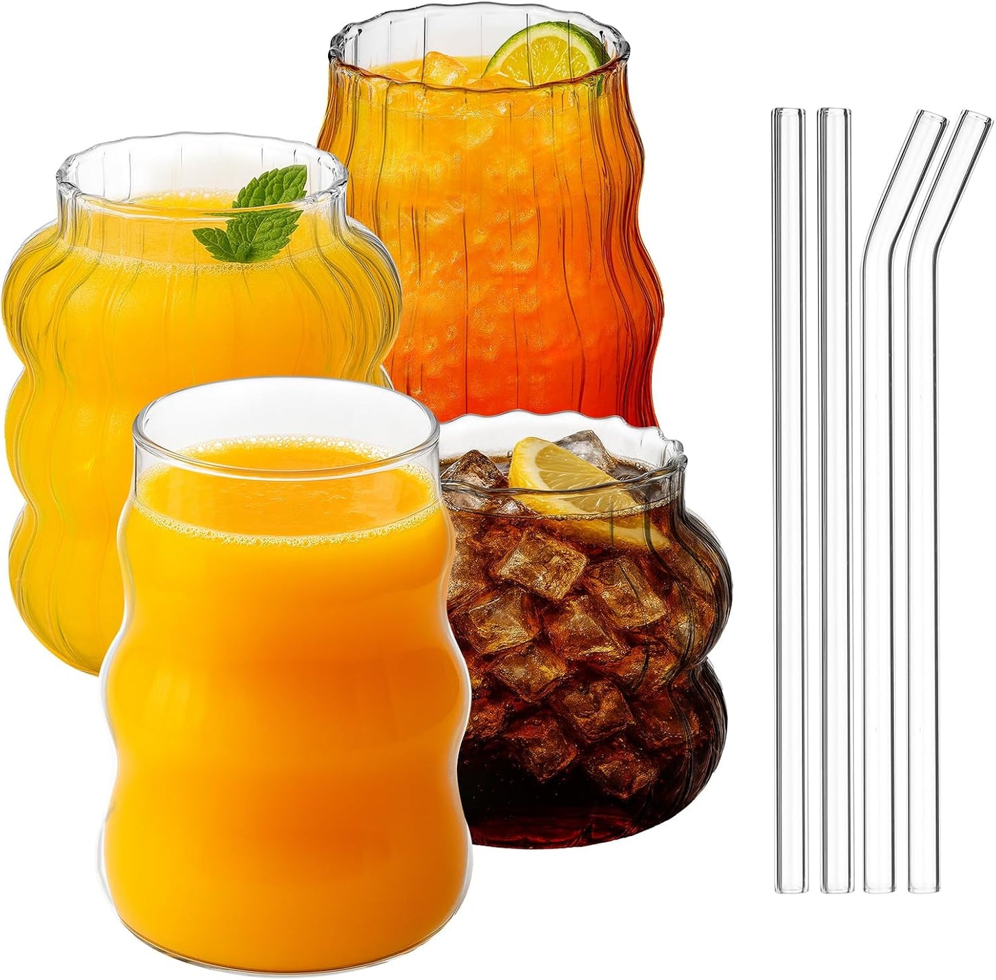 4 Vases Vidrio Acanalados Popote Vintage para Café Jugo Té