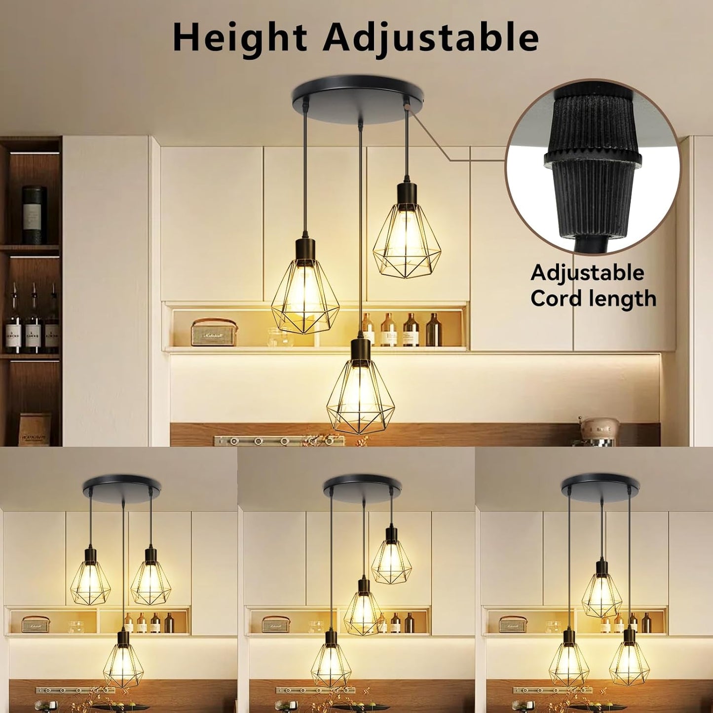 Lámpara colgante 3 luces estilo granja E26 para cocina comedor