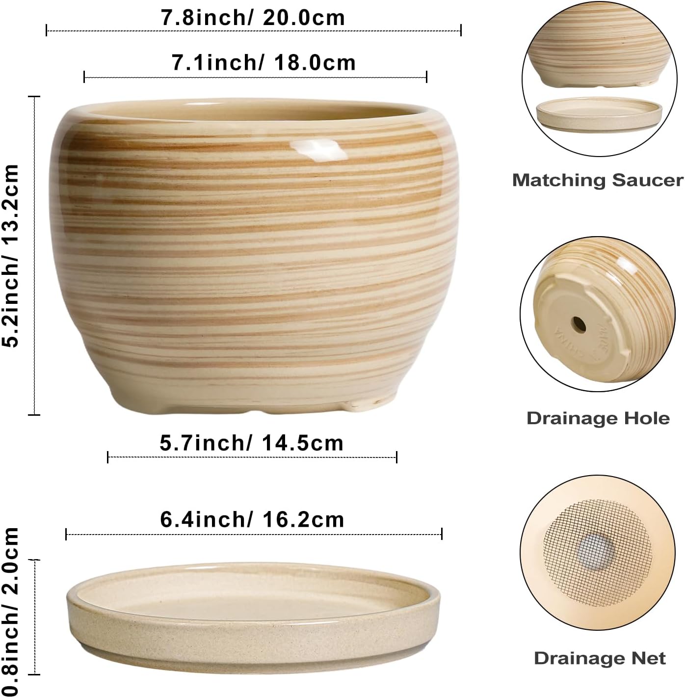 Maceta cerámica 8" redonda con drenaje amarillo