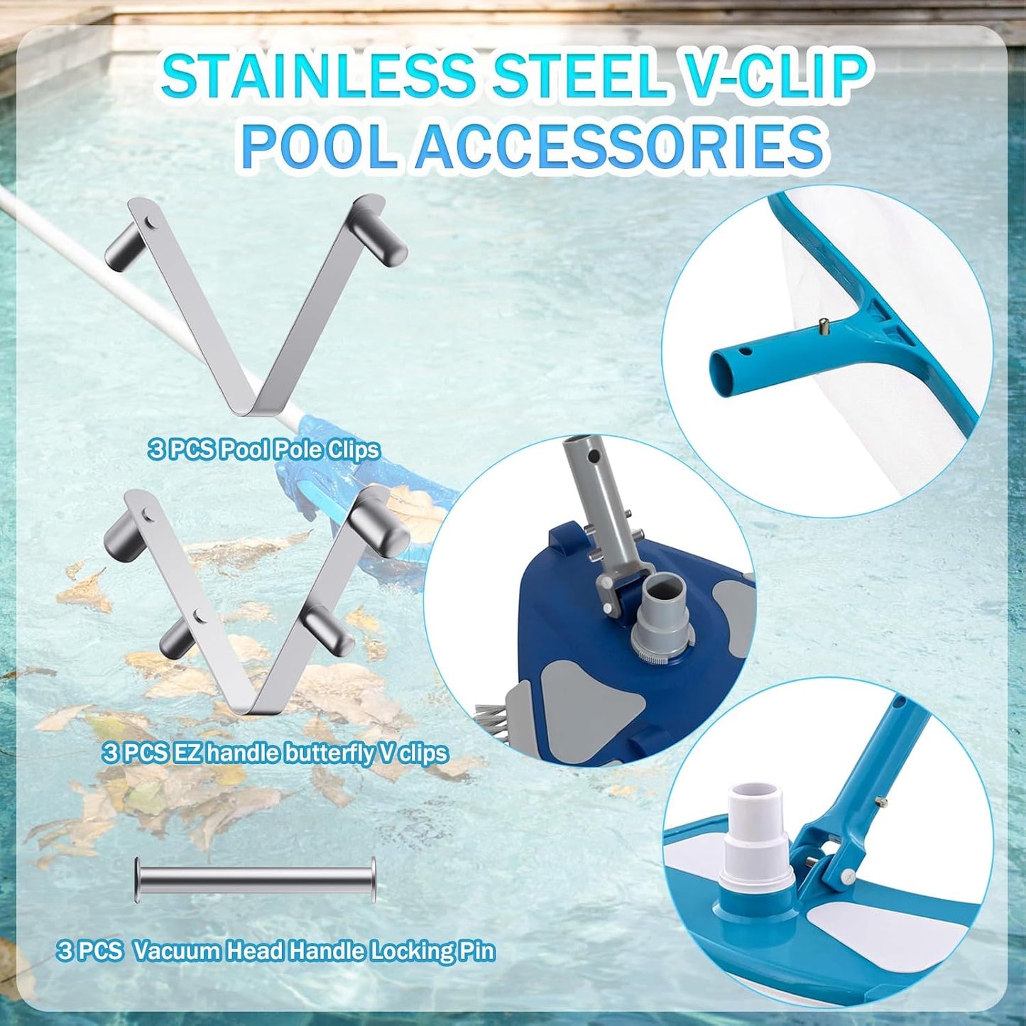 Set 9 clips poste piscina y 3 pines bloqueo rastrillo