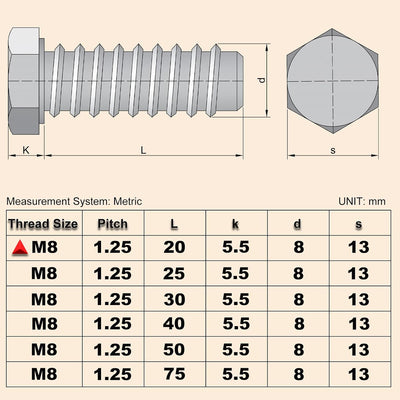 Tornillo hexagonal M8 acero inox 304 totalmente roscado