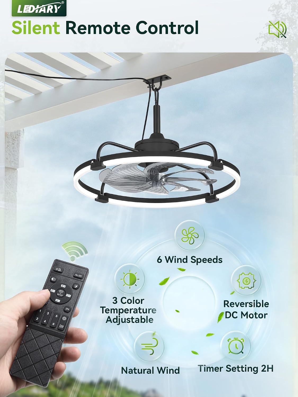 Ventilador techo exterior 24pulg luz IP65 enchufable app 3CCT 6 vel