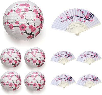 5 Lámparas Papel Cereza y 5 Abanicos Sedas Plegables