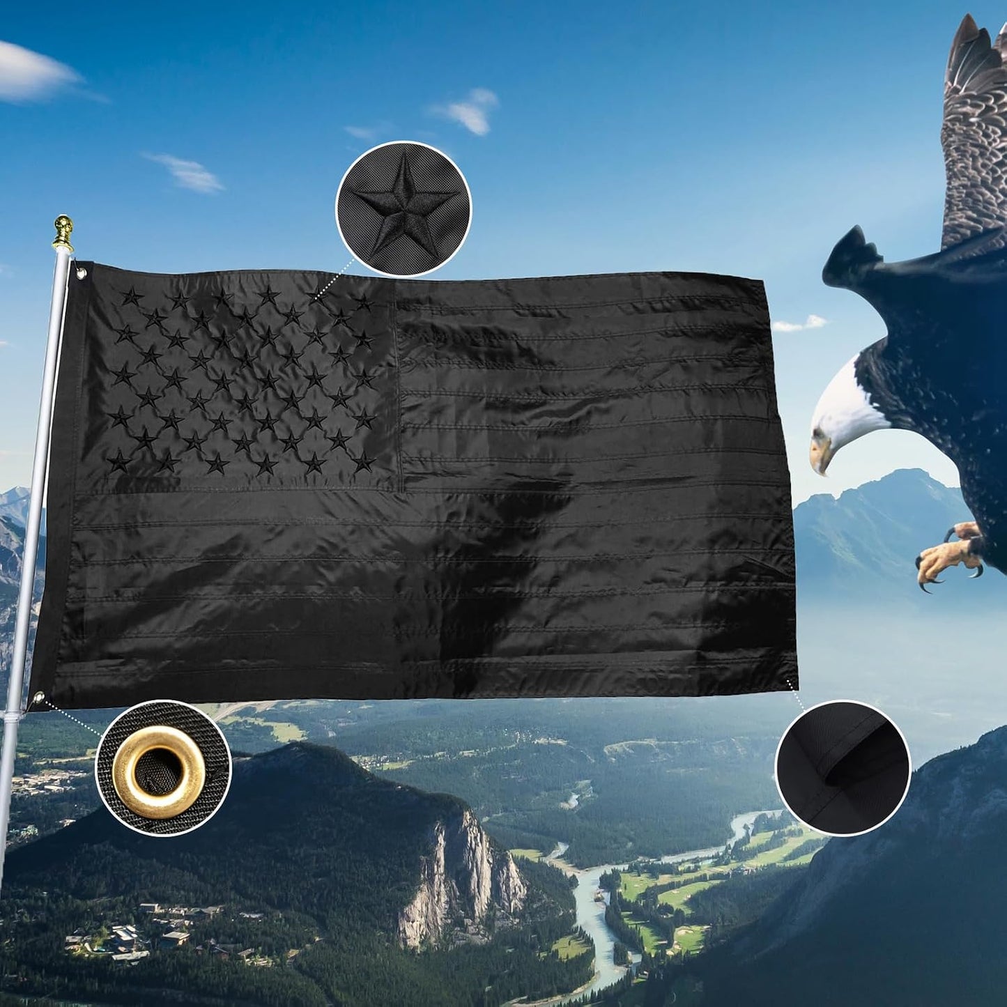 Bandera EE.UU. negra 2x3ft estrellas bordadas ojales latón