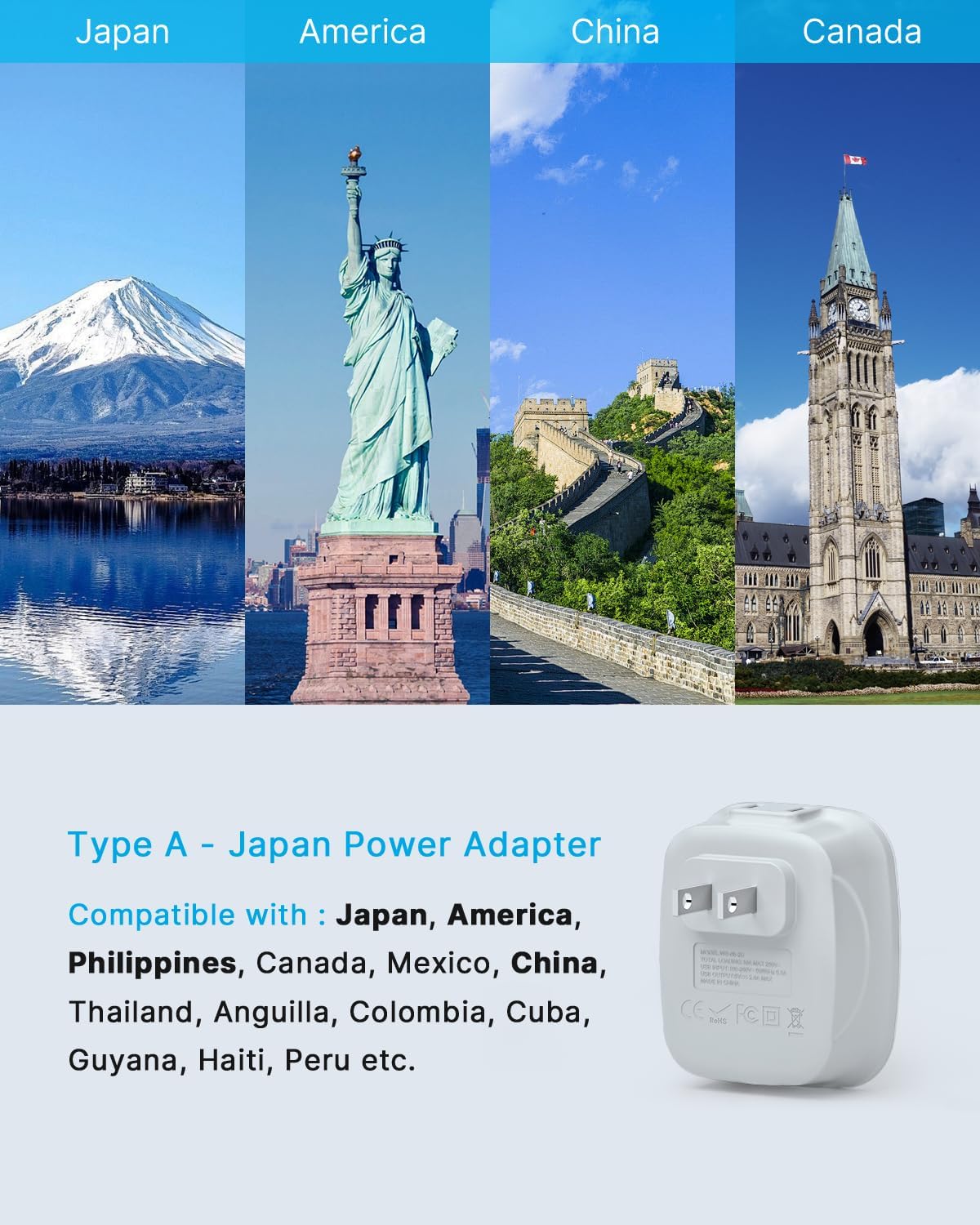 Adaptador enchufe EE.UU. a Japón con 2 salidas CA y USB