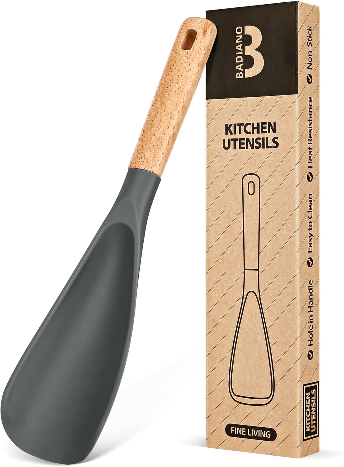 Cuchara silicona mate antiadherente con mango madera 11.4pulg gris