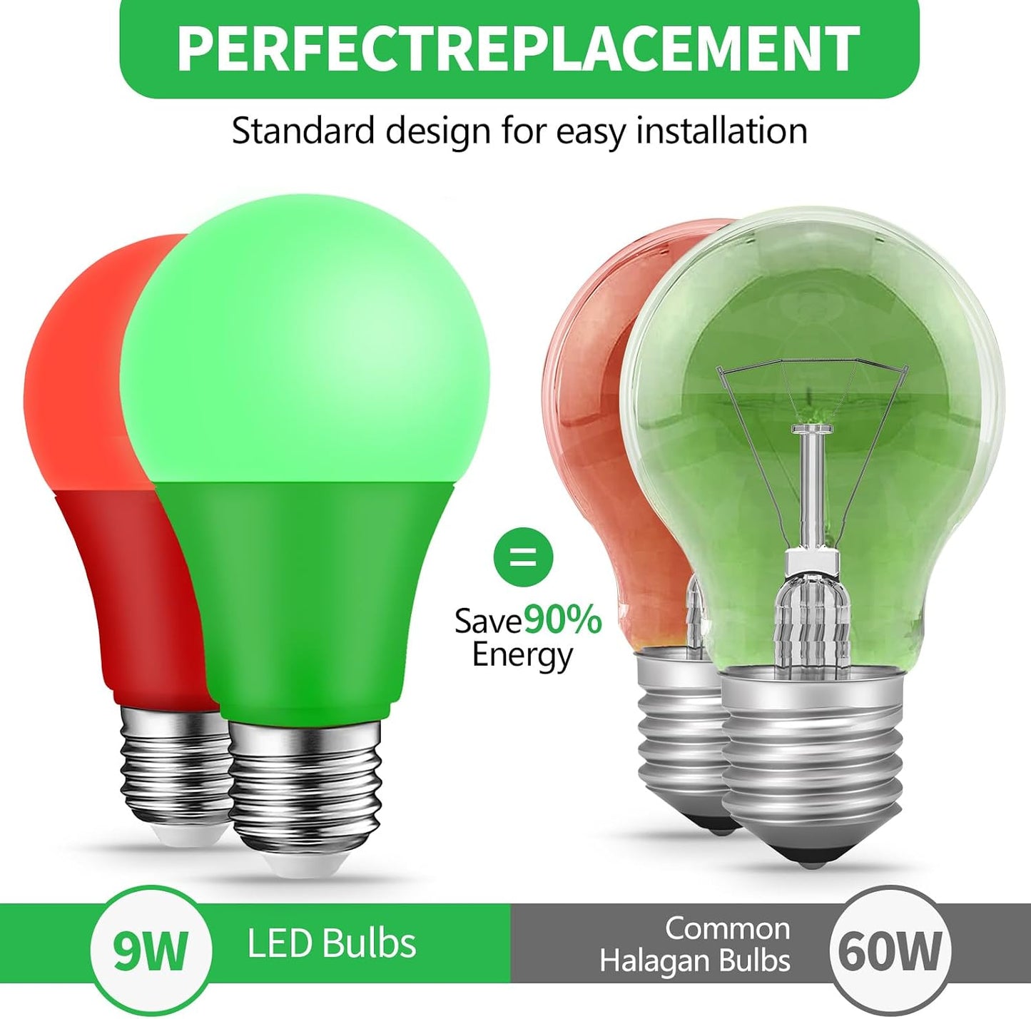 4 Bombillas LED E26 Color Verde 9W para Festivales y Navidad