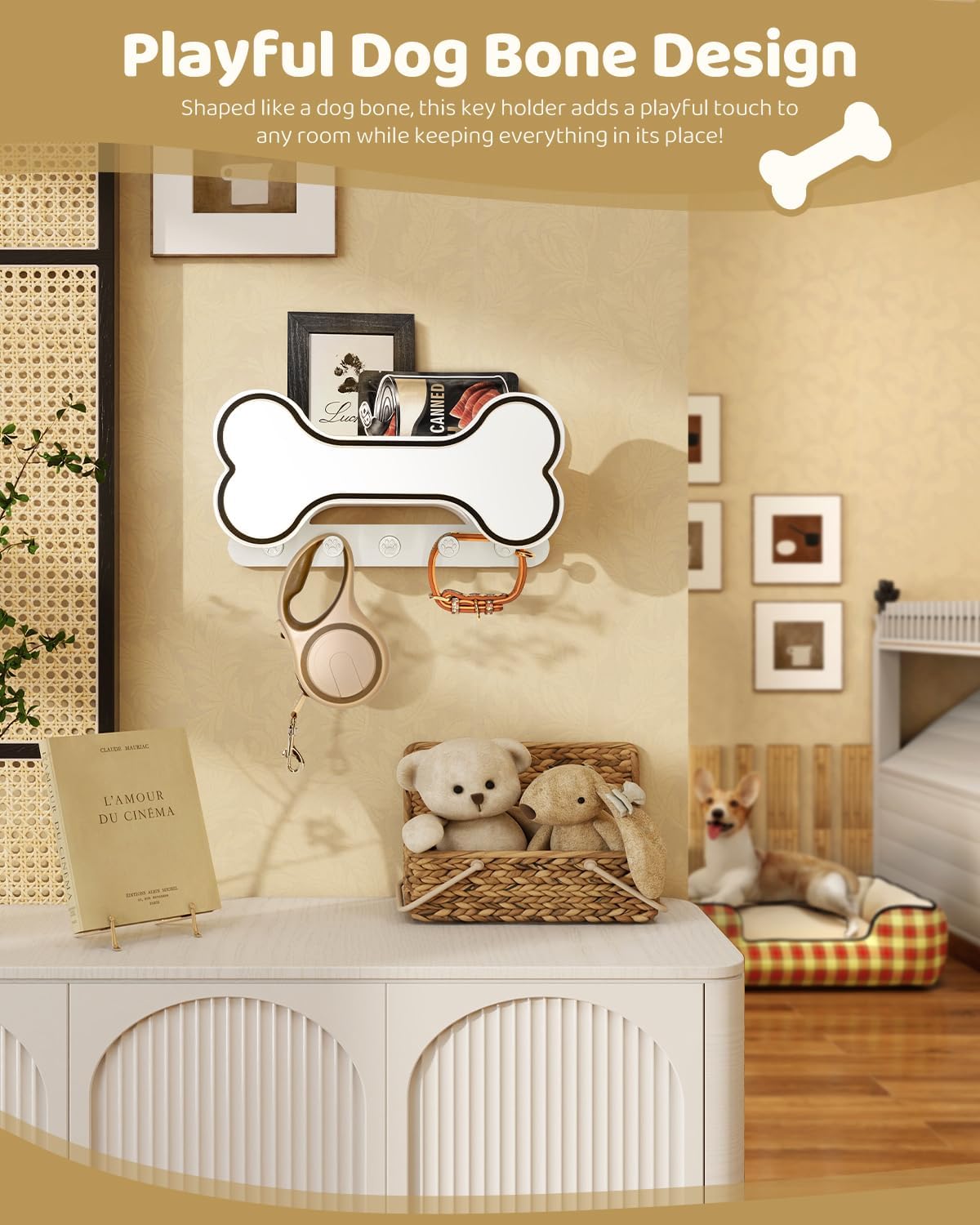 Soporte correa perro pared con ganchos 3D y estante