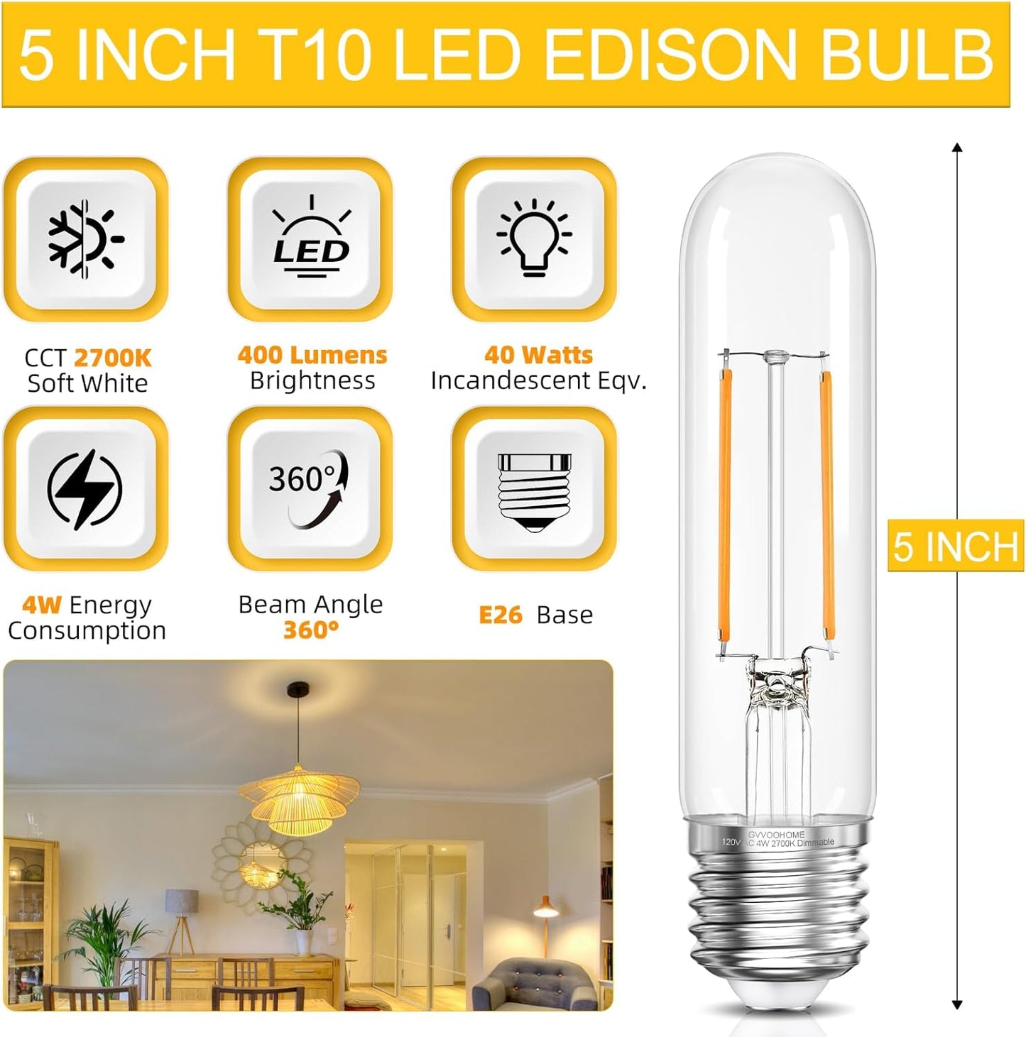 Bombilla LED Edison T10 E26 2700K blanco cálido 4W 400lm
