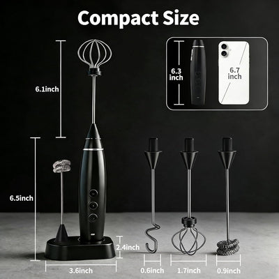 Espumador de leche eléctrico con 3 batidores de acero inoxidable, recargable por USB