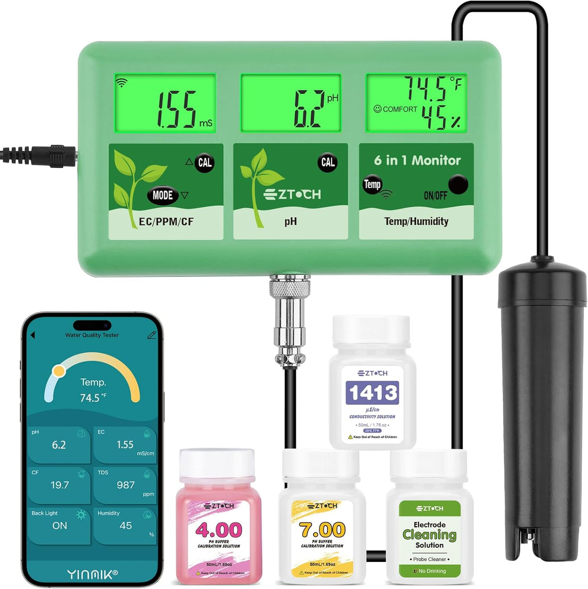 Monitor de pH EC PPM para hidropónica con solución calibración y limpieza