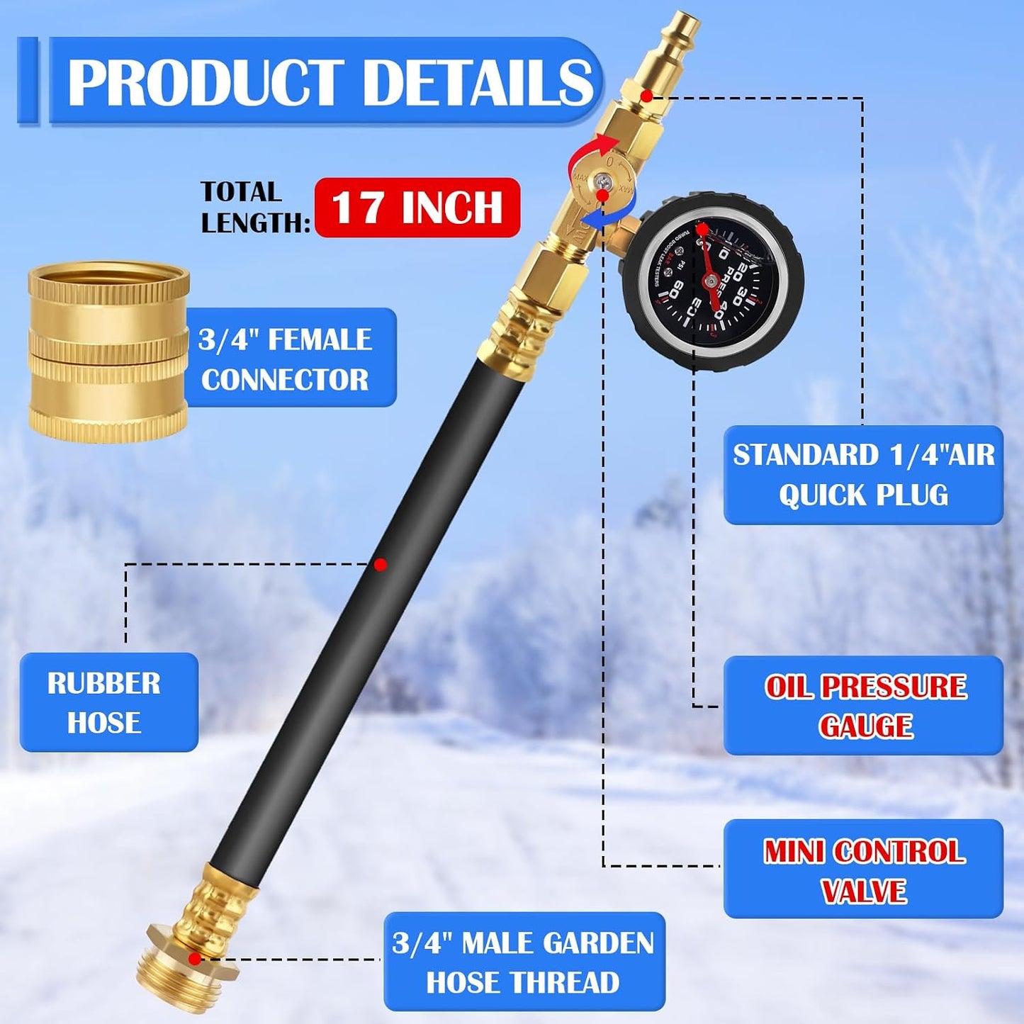 Kit invierno RV manguera 17" con medidor aceite y válvula
