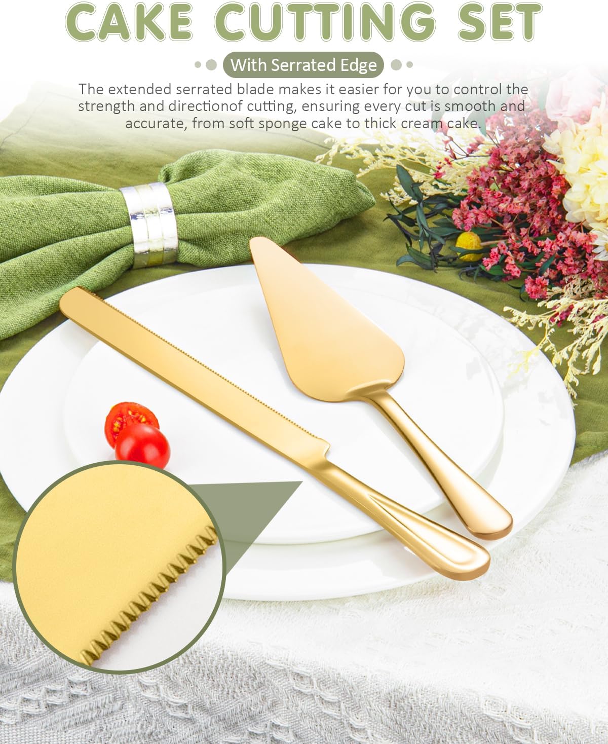 Juego corte pastel 13pulg dorado con cuchillo servidor ondulado