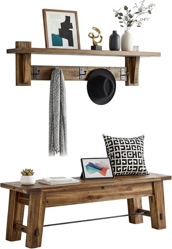 Set estante con ganchos y banco madera 60" rústico