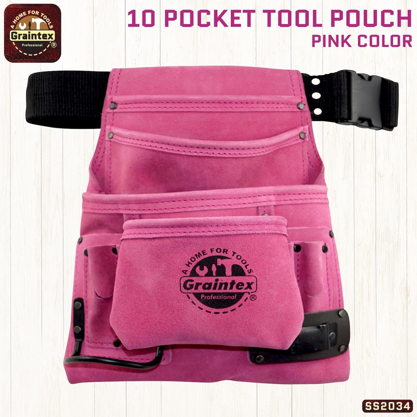 Bolsa 10 bolsillos gamuza rosa cinturón 2pulg para manitas