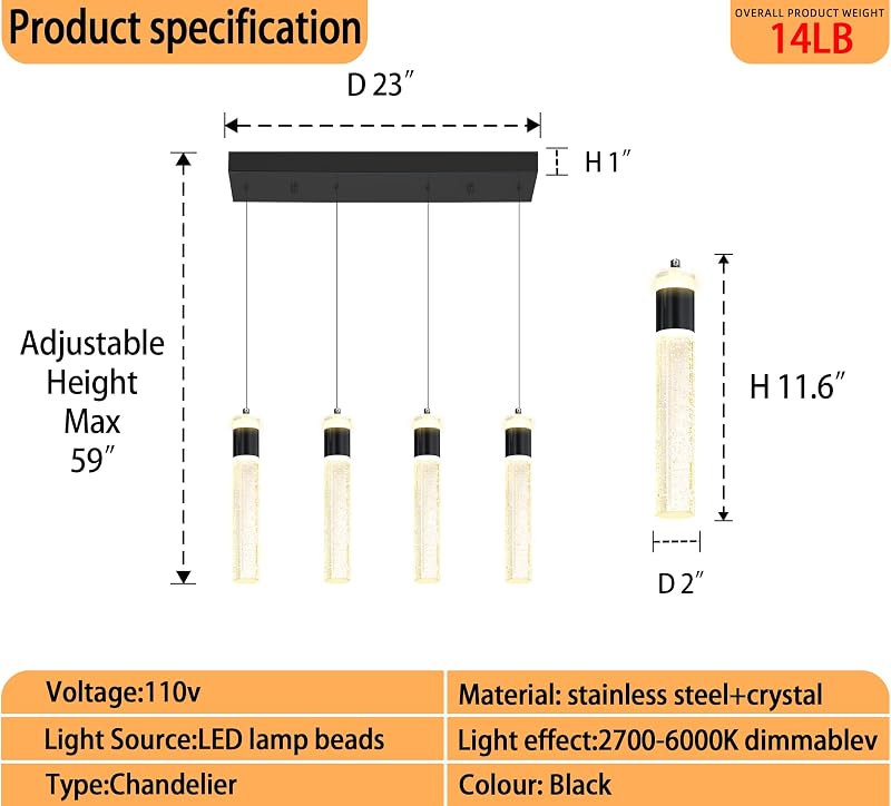 Lámpara colgante 4 luces LED cristal dorado para cocina