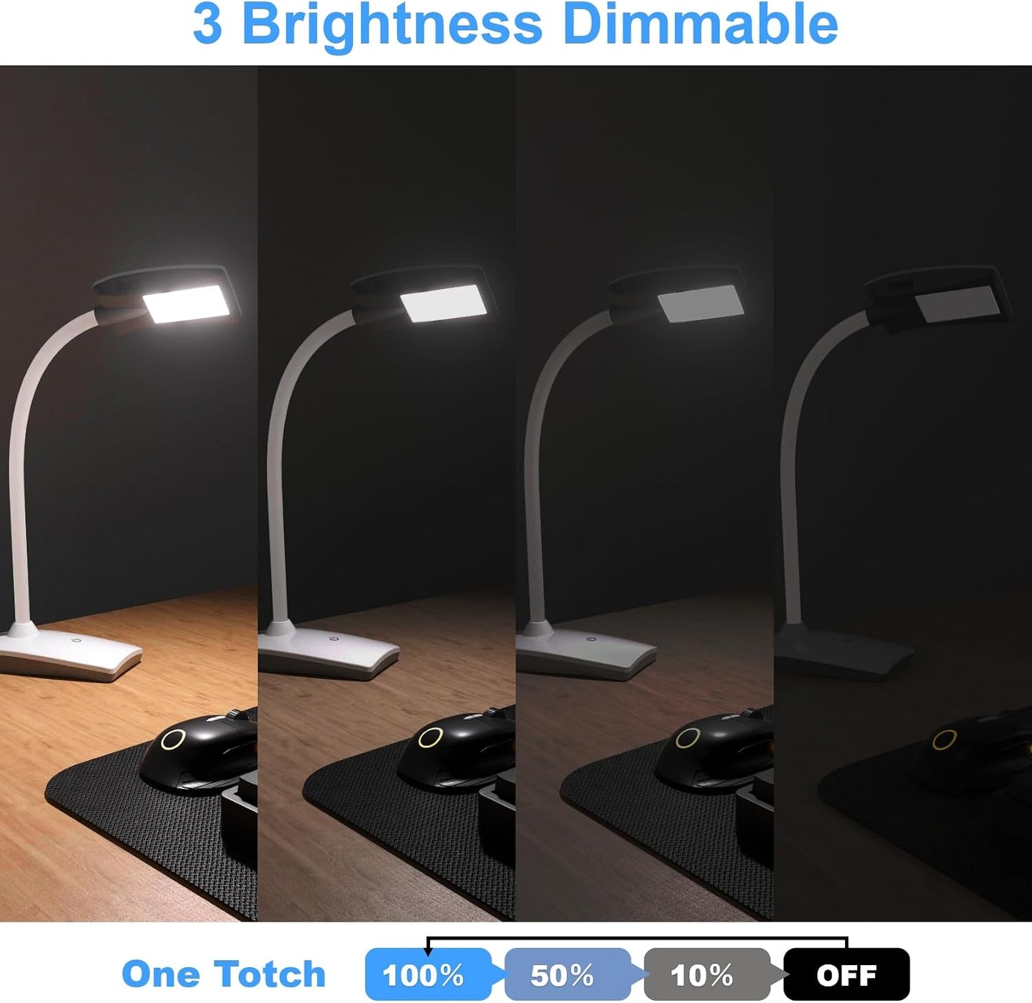 Lámpara escritorio LED 3 brillos regulable cuello flexible blanco