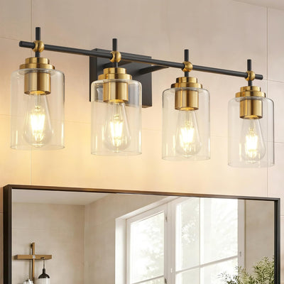 Lámpara baño 4 luces negras y doradas vidrio transparente