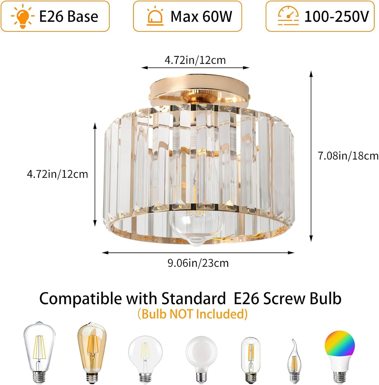 Lámpara techo cristal dorado 9pulg moderna entrada comedor