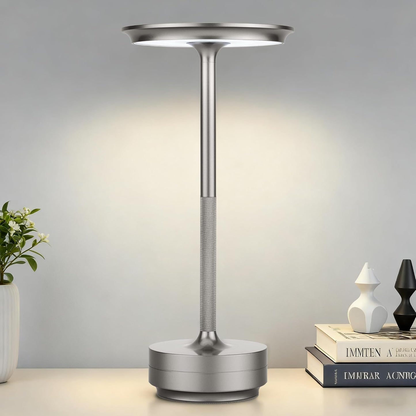 Lámpara mesa inalámbrica recargable led táctil plateada