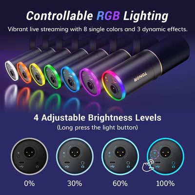 Micrófono XLR/USB dinámico con luz RGB y soporte