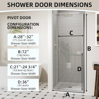 Puerta ducha pivotante sin marco 28-32pulg x72pulg vidrio templado
